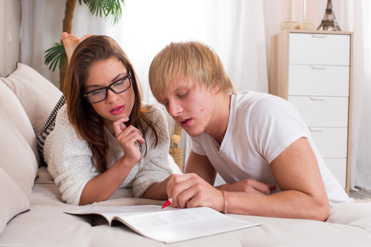 15P Geeky teen awaits an open mouth cumshot after fucking her boyfriend