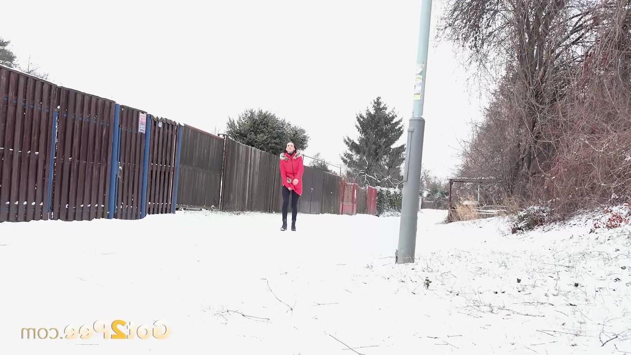 15P Hot MILF Cynthia Vellons gets caught taking a big piss on snow covered ground