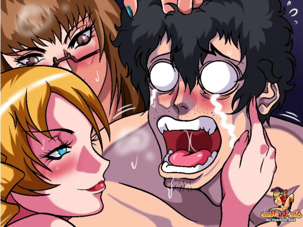 12P Dos zorras transexuales de anime curvilíneas derriban la boca y el culo de un chico pobre