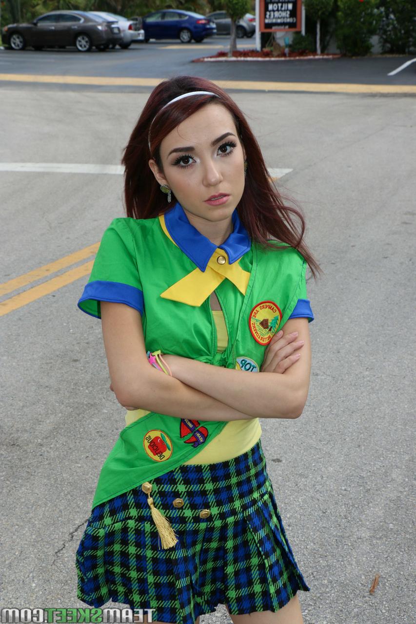20P Petite long haired teen in uniform Kiley Jay taking long dong inside her pussy