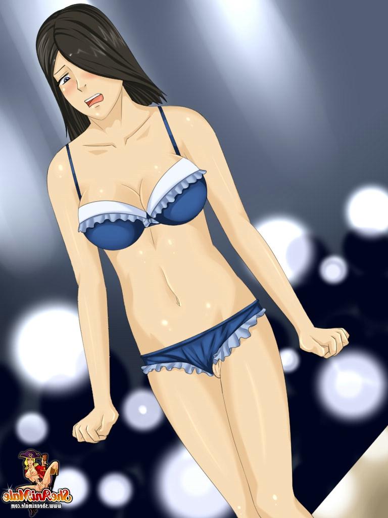 12P Dark haired anime model inserts her big cock into a busty babe's tight pussy