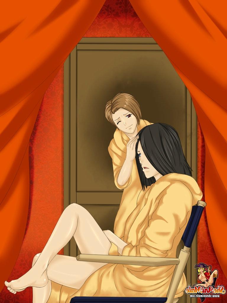 12P Dark haired anime model inserts her big cock into a busty babe's tight pussy