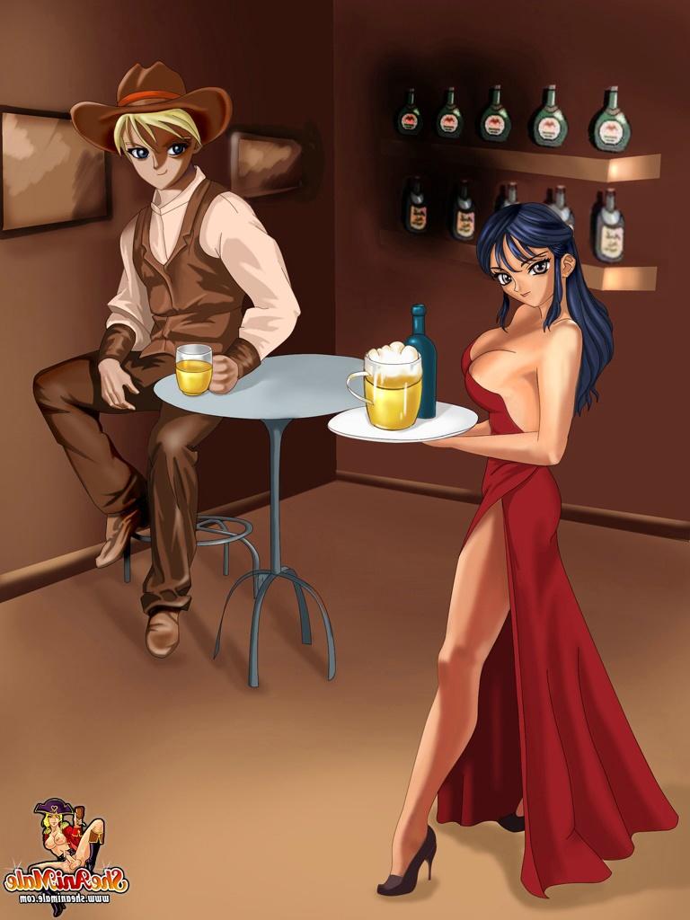 12P Une serveuse d'anime chaude chevauche un cowboy bien membré et le laisse sucer sa grosse bite transexuelle