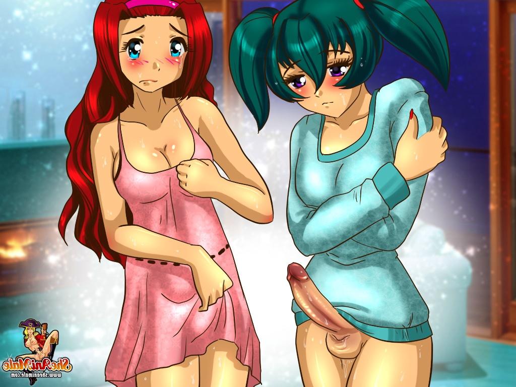 12P Transexuales anime tetonas con pollas grandes a pelo entre ellas en un trío salvaje