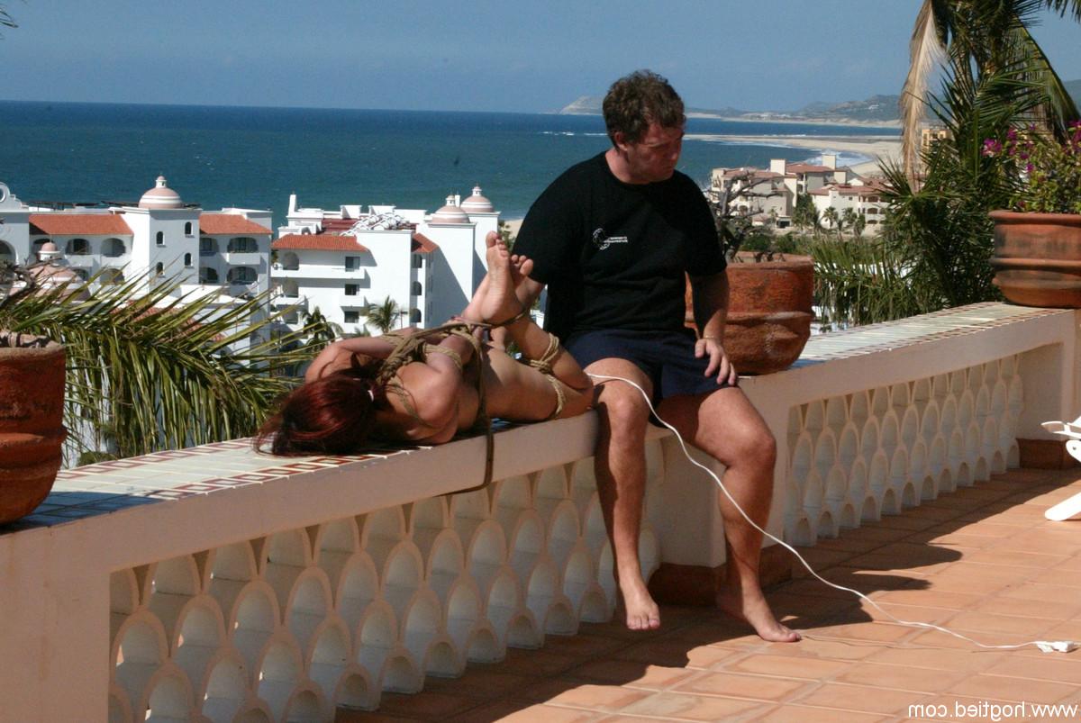 20P Submissive tied-up MILF with big tits gets displayed outdoors by her husband