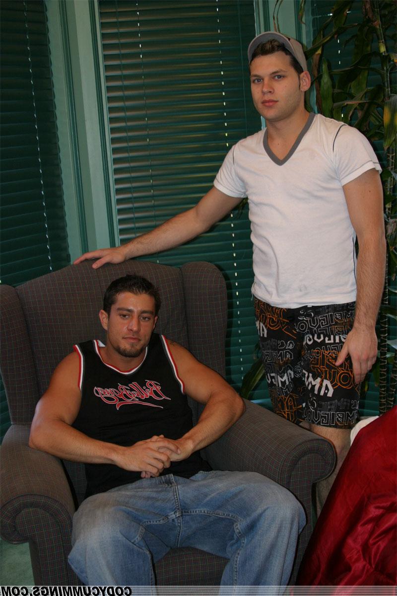 20P Horny gays Samuel and Cody Cummings undress and fuck on a red couch