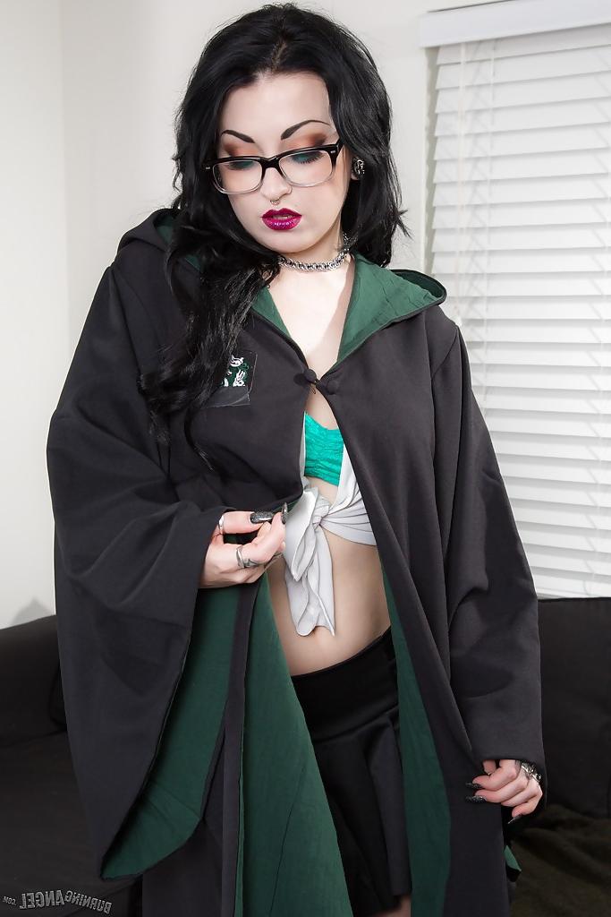 16P Tattooed nerd in glasses flashes upskirt schoolgirl underwear