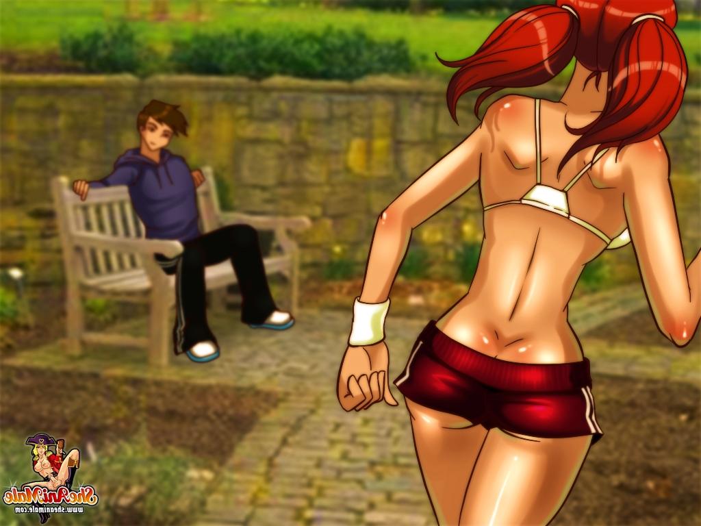 12P Süße Hentai-Shemale-Athletin wird von einem süßen Hengst im Freien angesprochen und gefickt