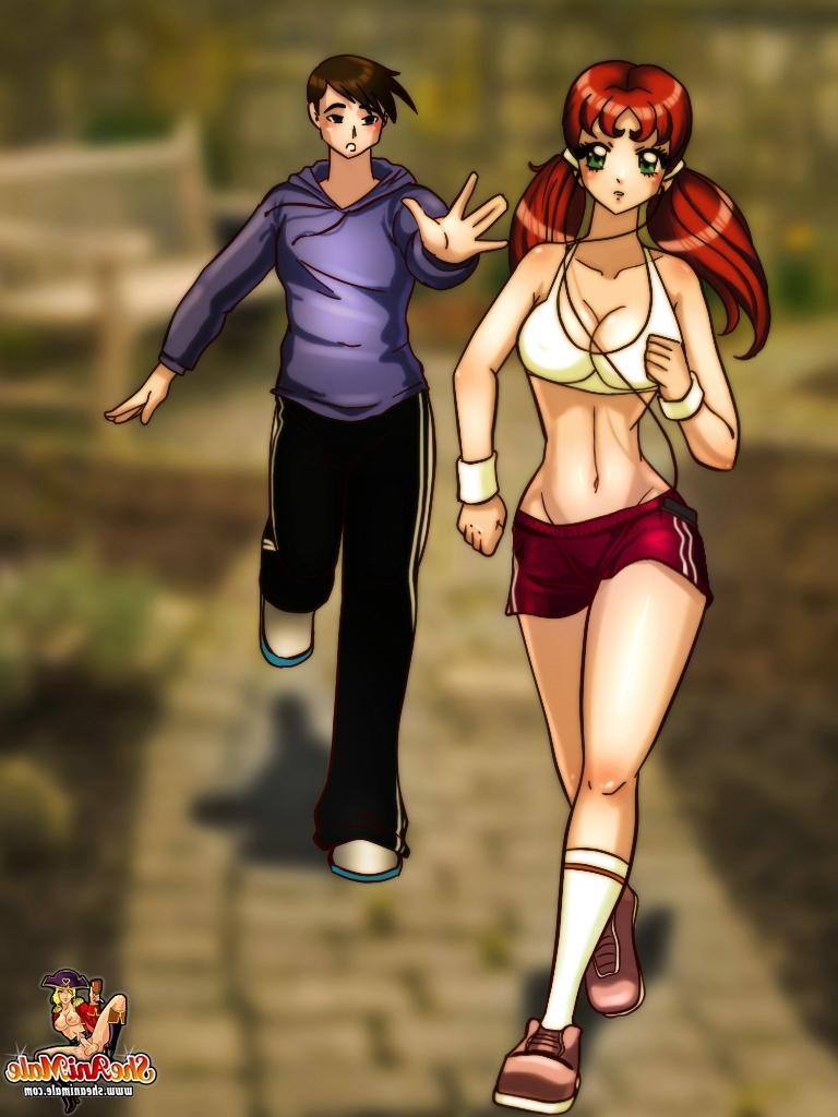12P Süße Hentai-Shemale-Athletin wird von einem süßen Hengst im Freien angesprochen und gefickt