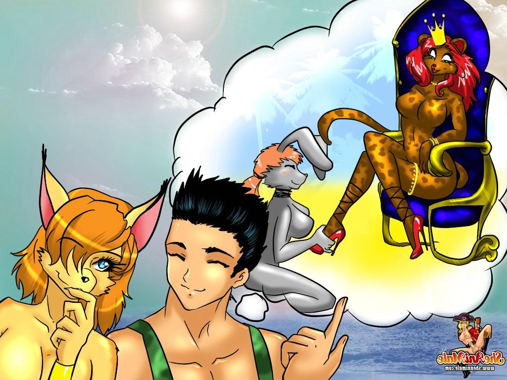 12P Anime man enjoying a sizzling 3some with a busty shemale on the Fantasy Island