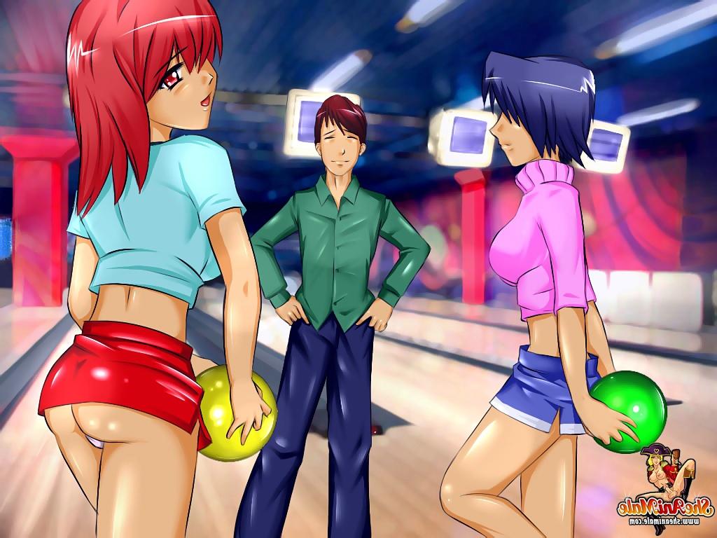 12P Transexuais de desenho animado com belos juggs fodem um cara depois de uma partida de boliche