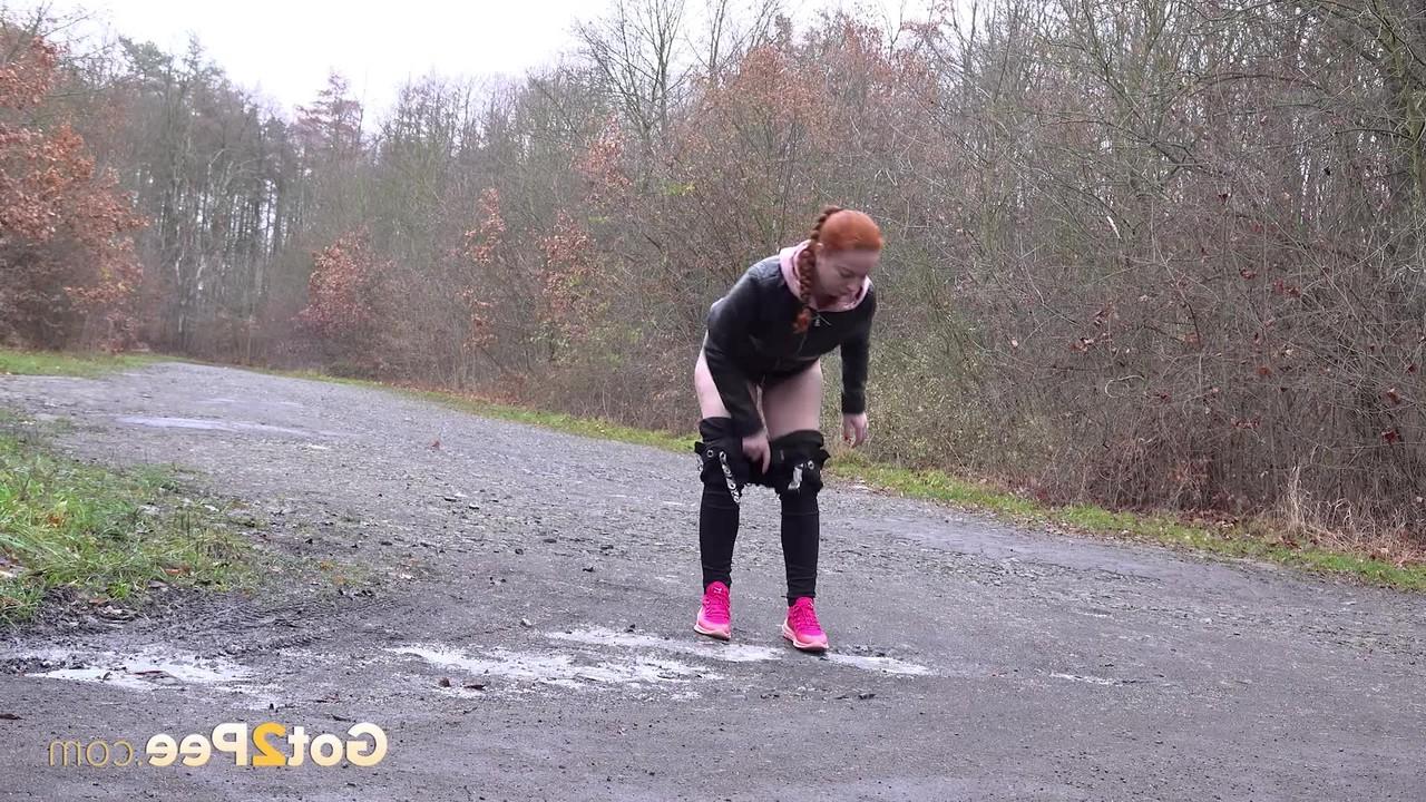15P Redfox, rousse pâle, pisse sur une route rurale par une journée maussade