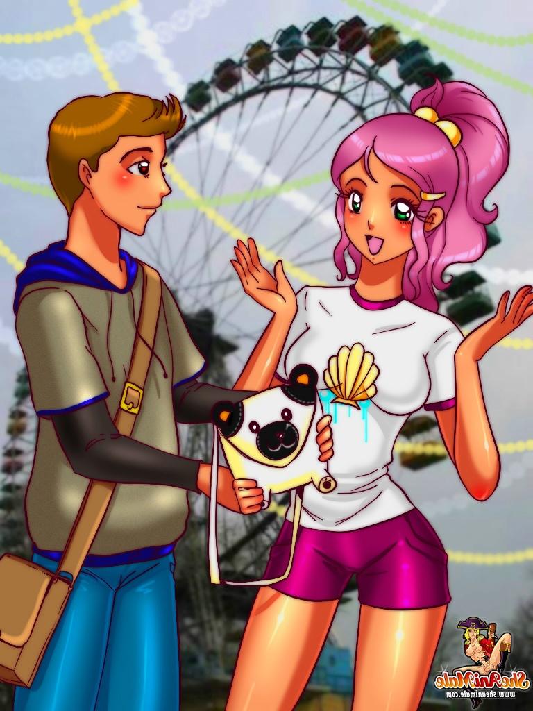 12P Ladyboy animado de cabelo rosa enfia o cu gostoso de um cara em um parque de diversões