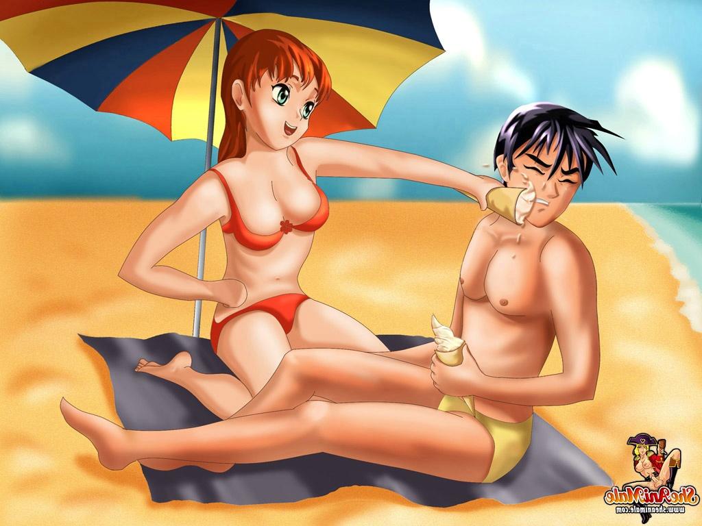 12P Travesti ruiva Hentai transa com garoto fofo e goza na cara dele na praia