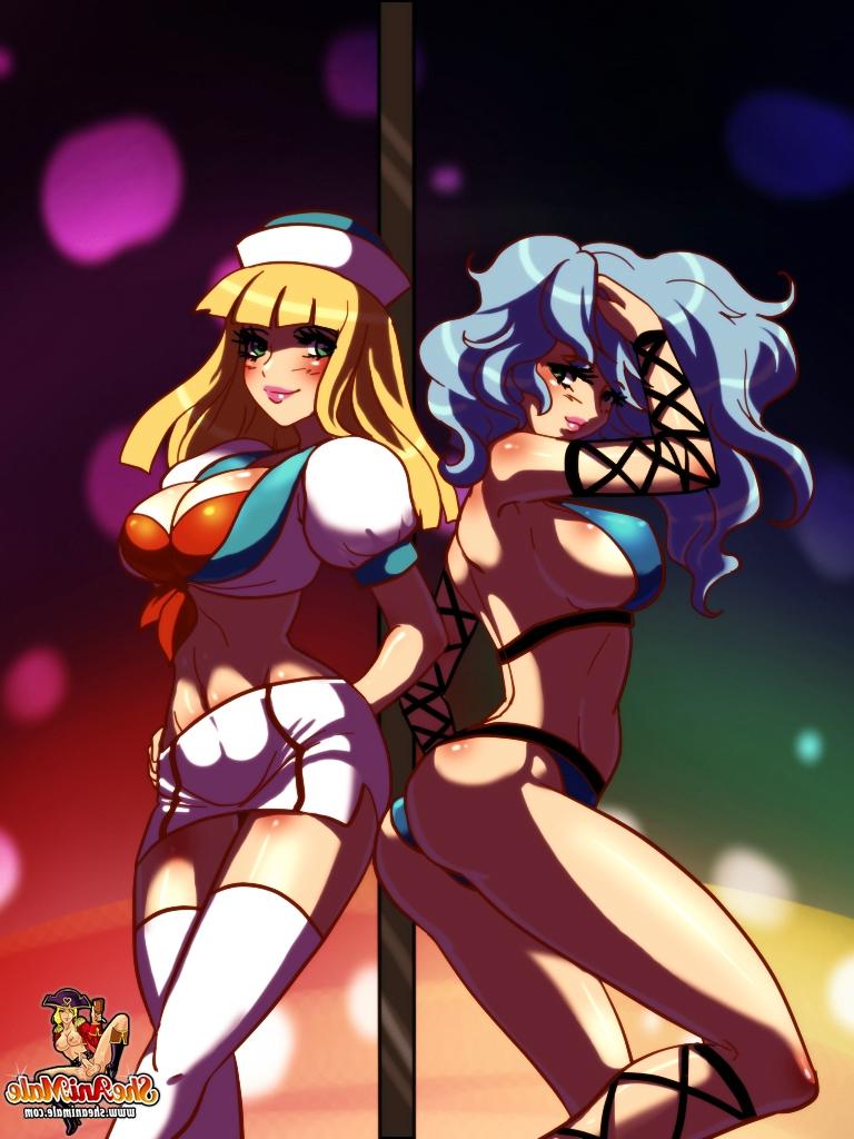 12P Trannies peitudas de desenho animado andam nos dongs umas das outras em um poste de strip-tease
