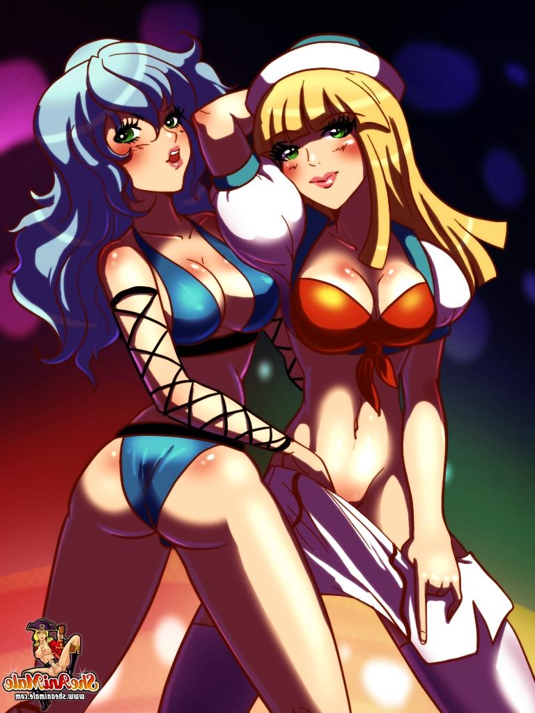 12P Trannies peitudas de desenho animado andam nos dongs umas das outras em um poste de strip-tease