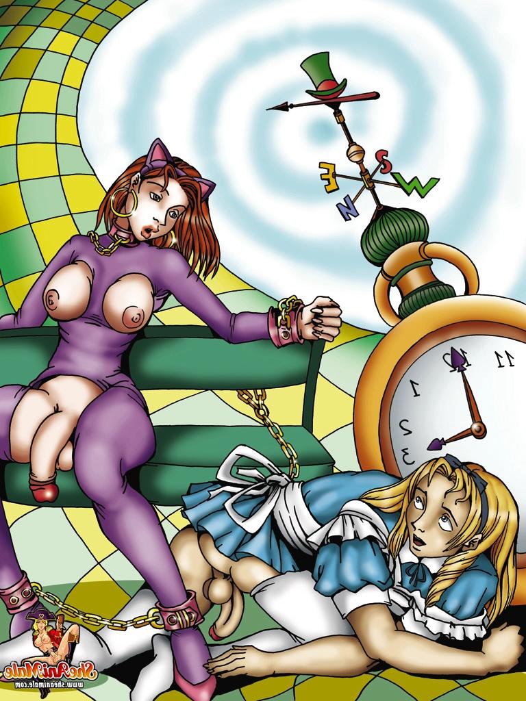 12P Cartoon-Mann im Alice-Outfit fickt eine kurvenreiche Shemale im Wunderland