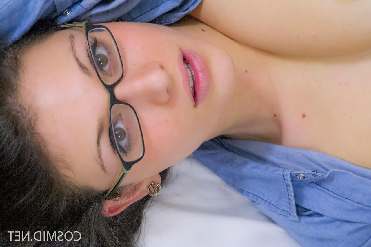 16P Hot Gina Rose in glasses removing her shorts & shirt to roll naked on the bed