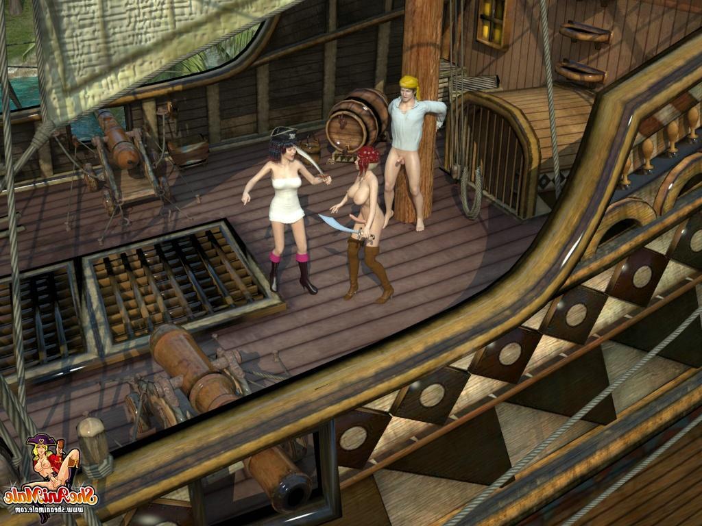 20P Animated transsexual pirates torment and fuck a tied-up guy on a boat