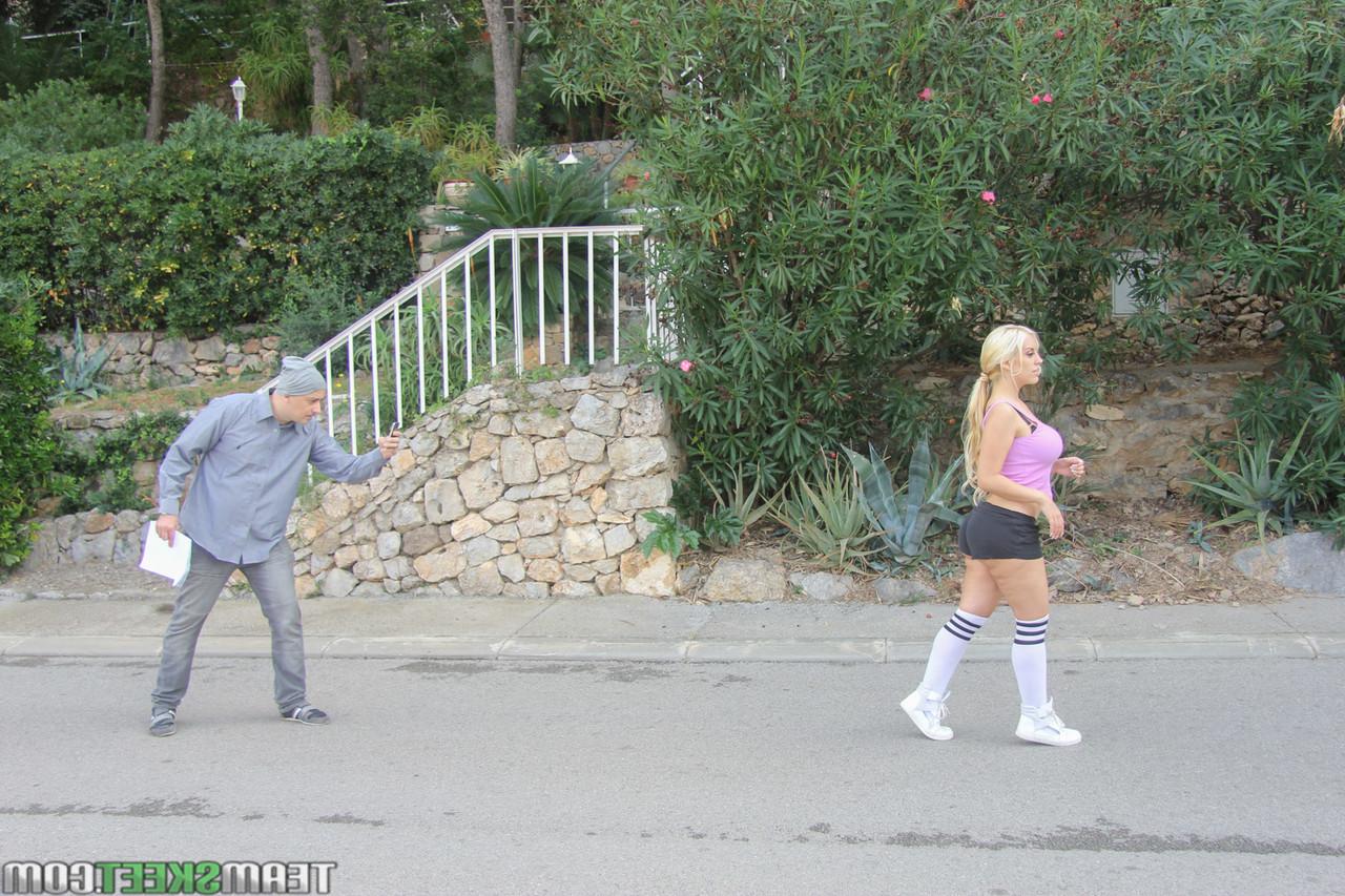 17P Busty blonde jogger strips on patio & wets big natural tits in the shower