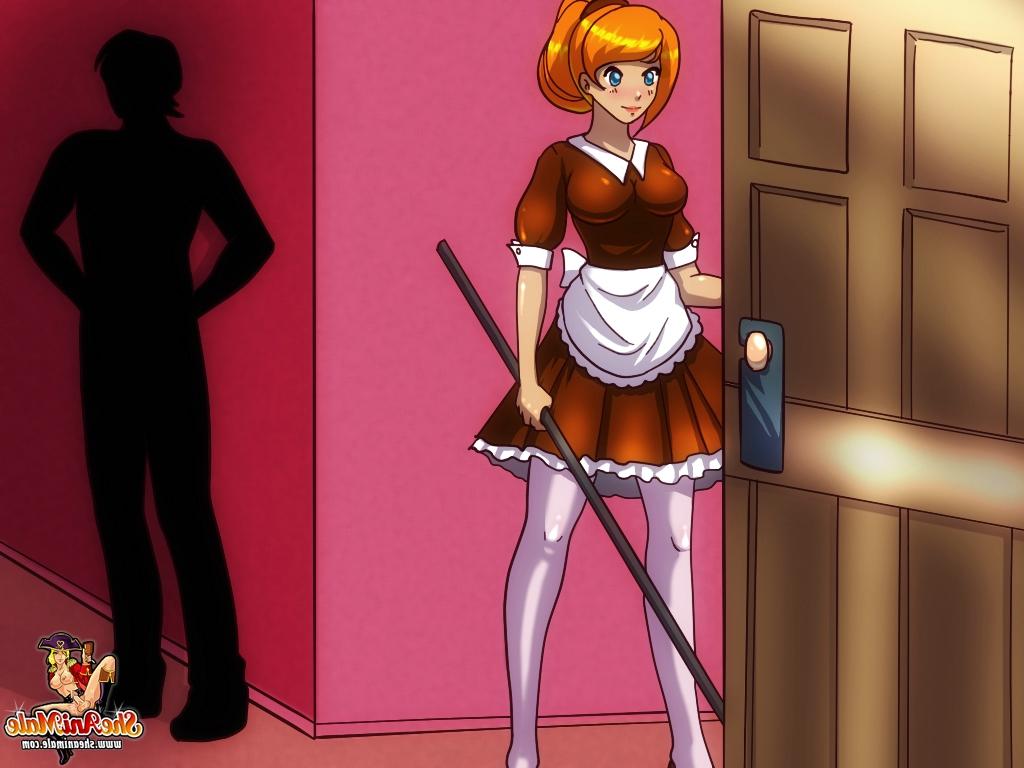 12P Empregada travesti de anime de cabelos flamejantes e o filho de seu chefe analisando um ao outro