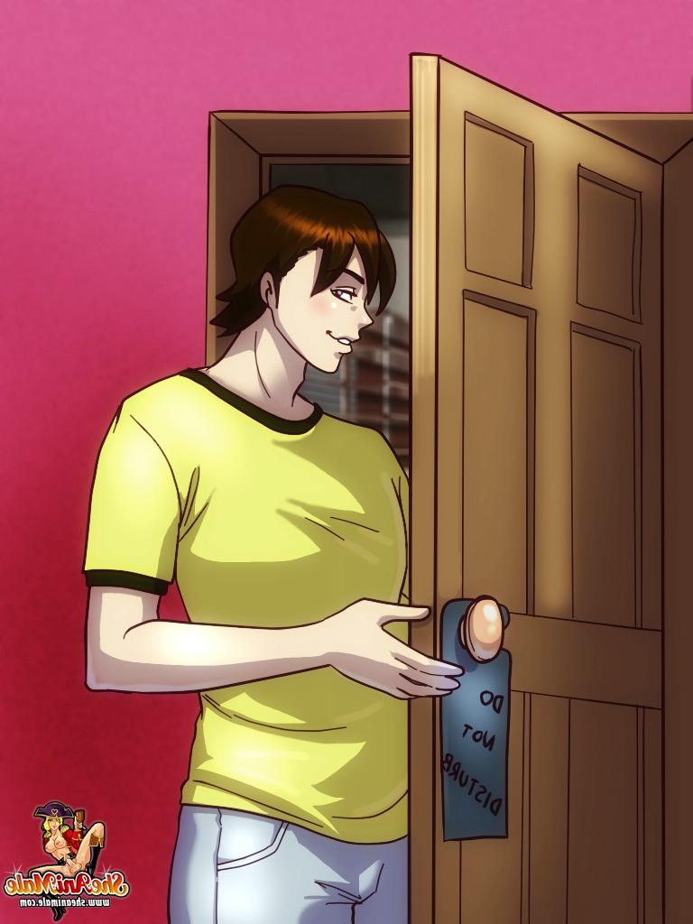 12P Empregada travesti de anime de cabelos flamejantes e o filho de seu chefe analisando um ao outro