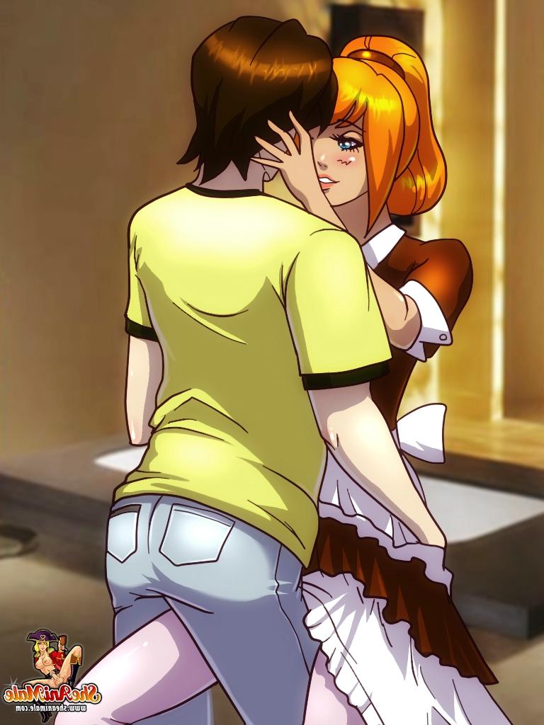 12P Empregada travesti de anime de cabelos flamejantes e o filho de seu chefe analisando um ao outro