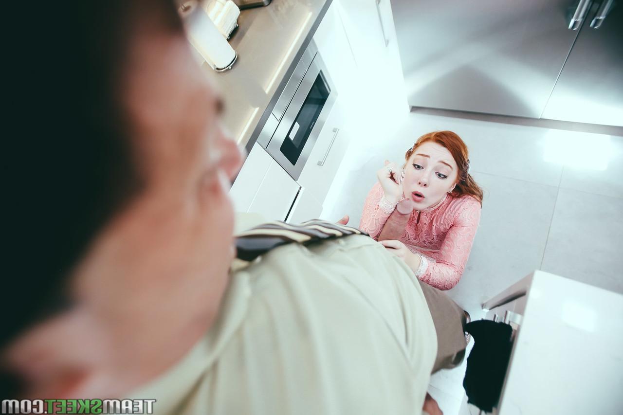 20P Petite ginger Amber Addis gets fucked by her stepdad on the kitchen counter