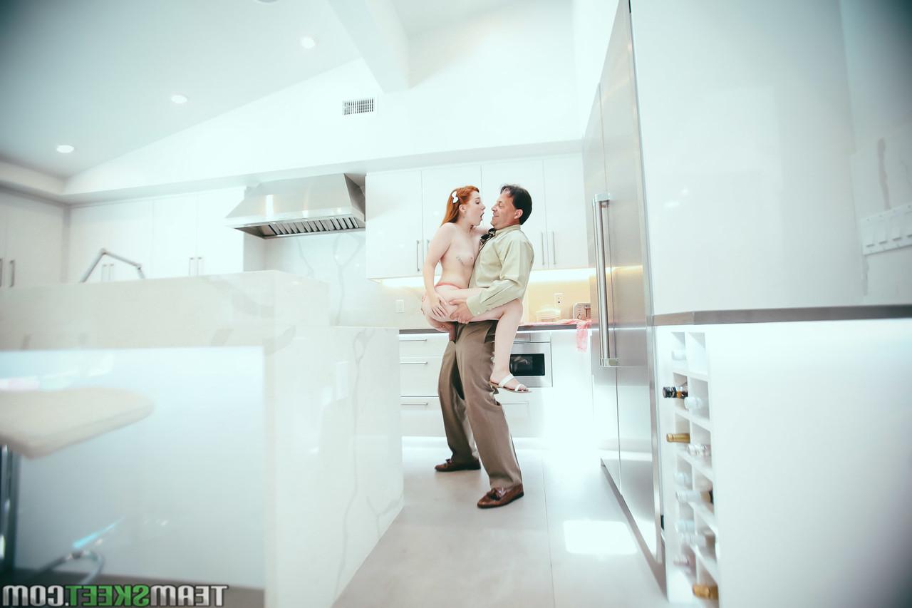 20P Petite ginger Amber Addis gets fucked by her stepdad on the kitchen counter