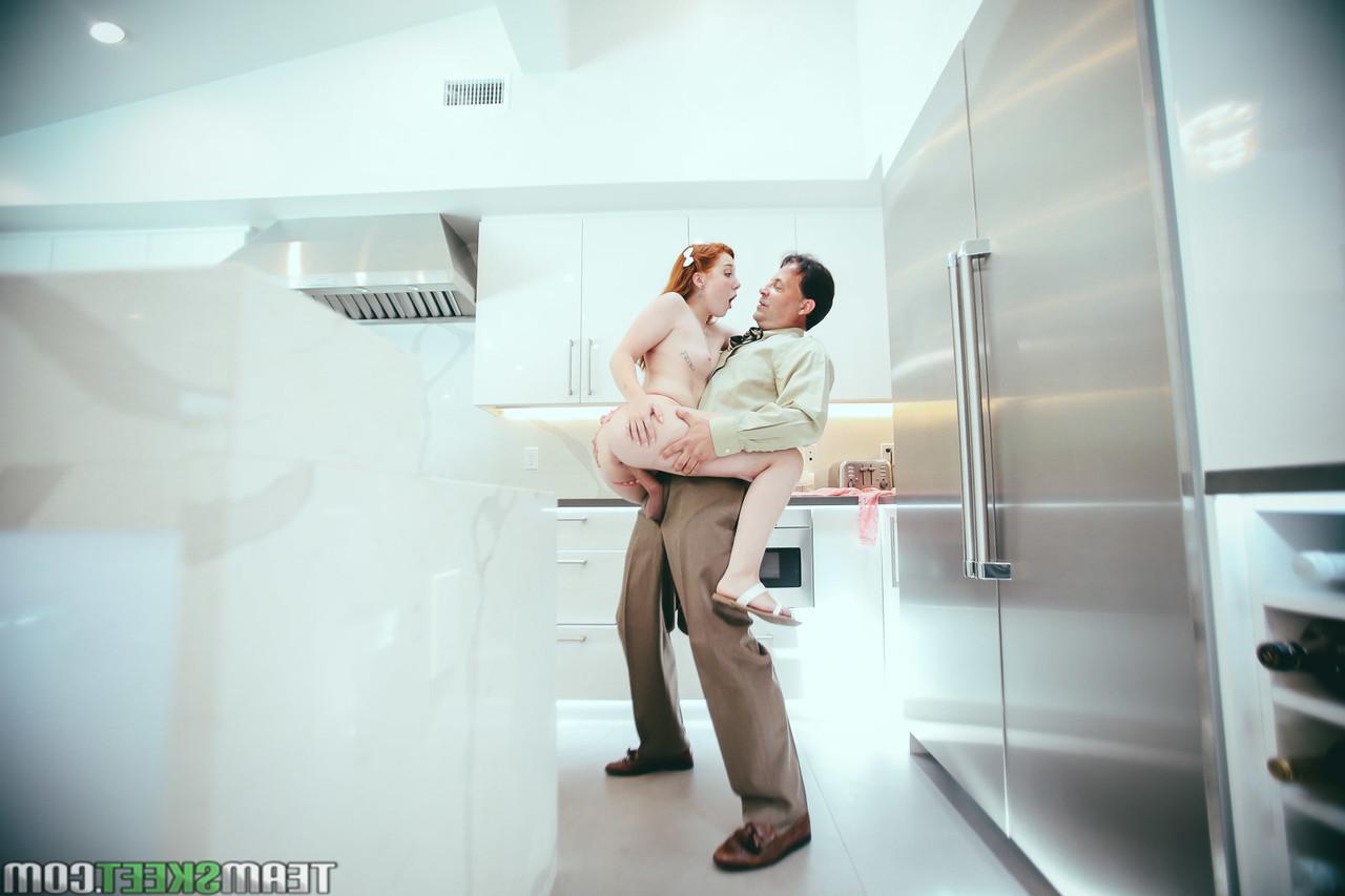 20P Petite ginger Amber Addis gets fucked by her stepdad on the kitchen counter