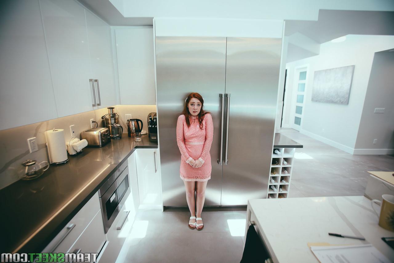 20P Petite ginger Amber Addis gets fucked by her stepdad on the kitchen counter