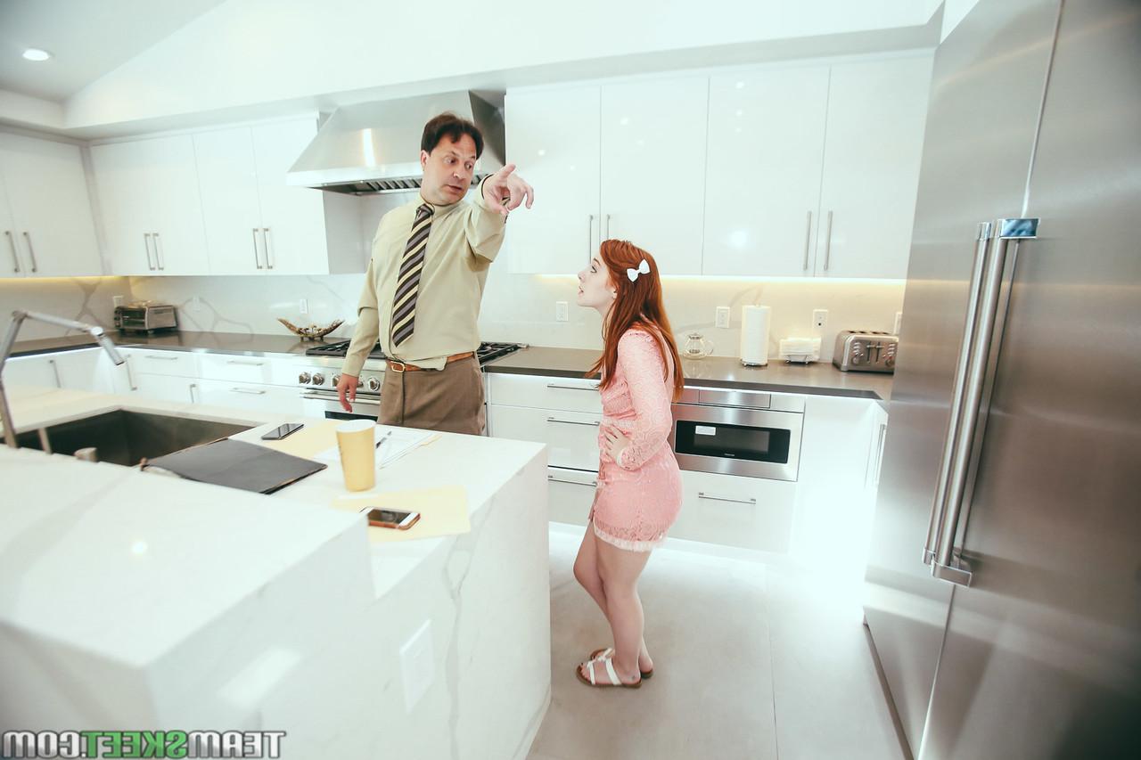 20P Petite ginger Amber Addis gets fucked by her stepdad on the kitchen counter
