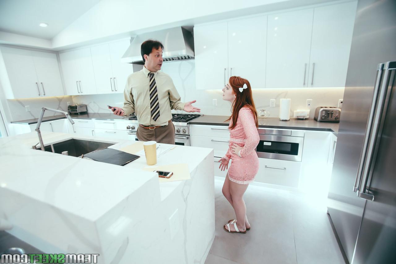 20P Petite ginger Amber Addis gets fucked by her stepdad on the kitchen counter