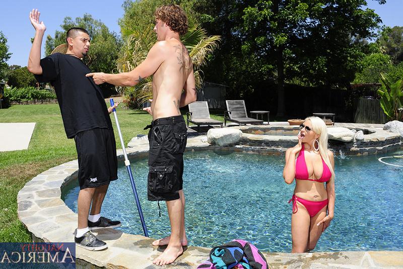 12P Blonde bombshell Holly Brooks takes a pool boy inside and screws him