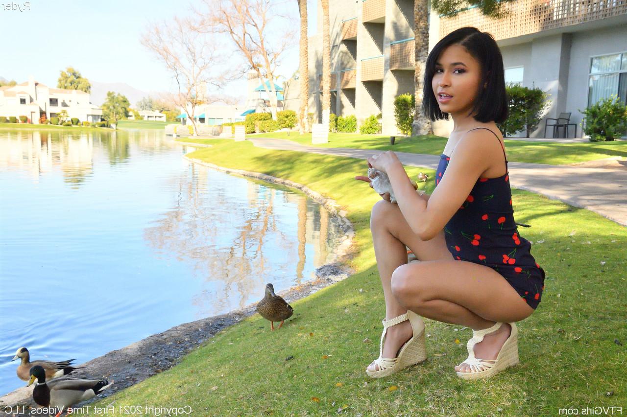 20P Skinny hottie Ryder flashes her twat outdoors before posing naked indoors