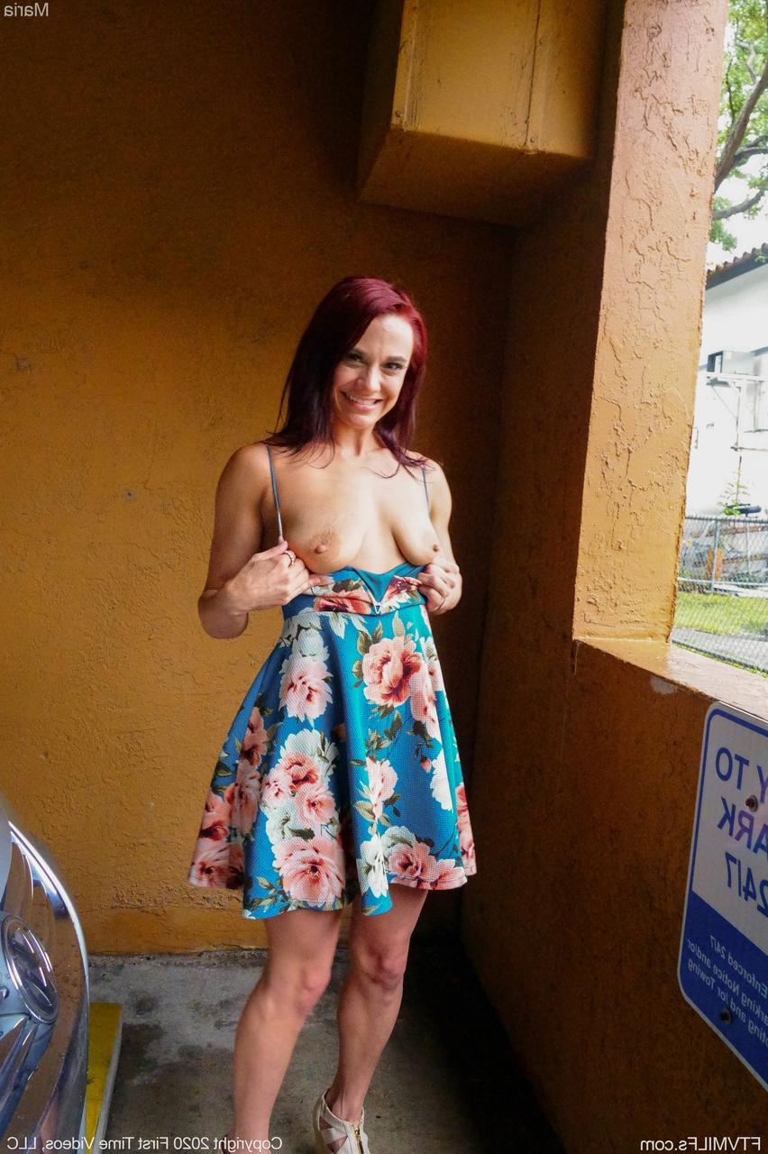 20P Purple-haired MILF Maria strips naked in public & shows her big ass & holes