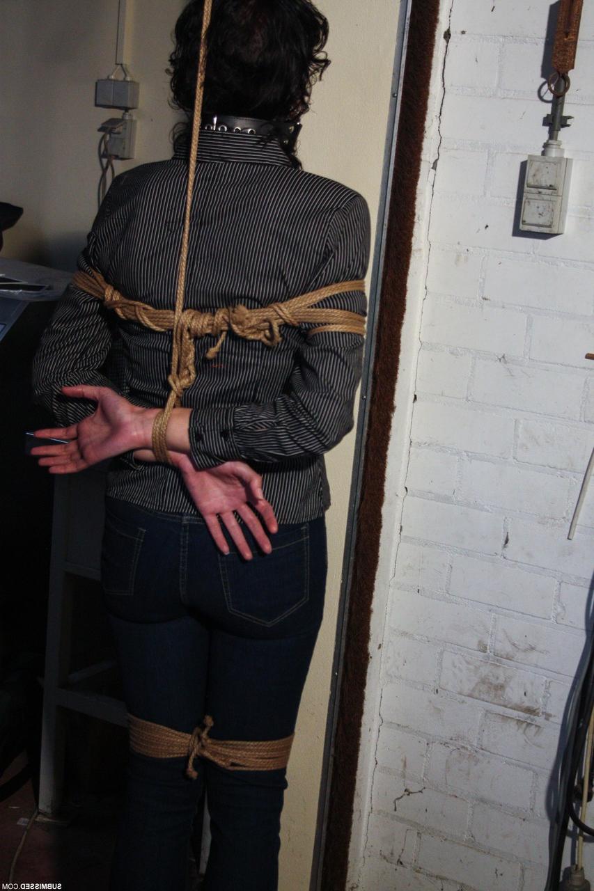 20P Ball-gagged clothed mature Steffi tries to free herself from rope bondage