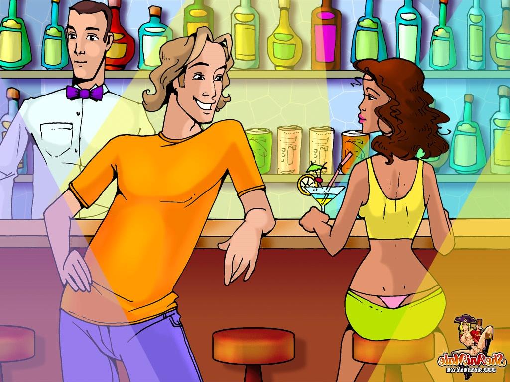 10P Travesti de ébano de anime trepa com um garoto loiro que conheceu no bar da praia