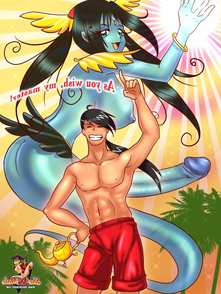 12P Shemale genie gets involved in an anime orgy with a dude & transsexual babes