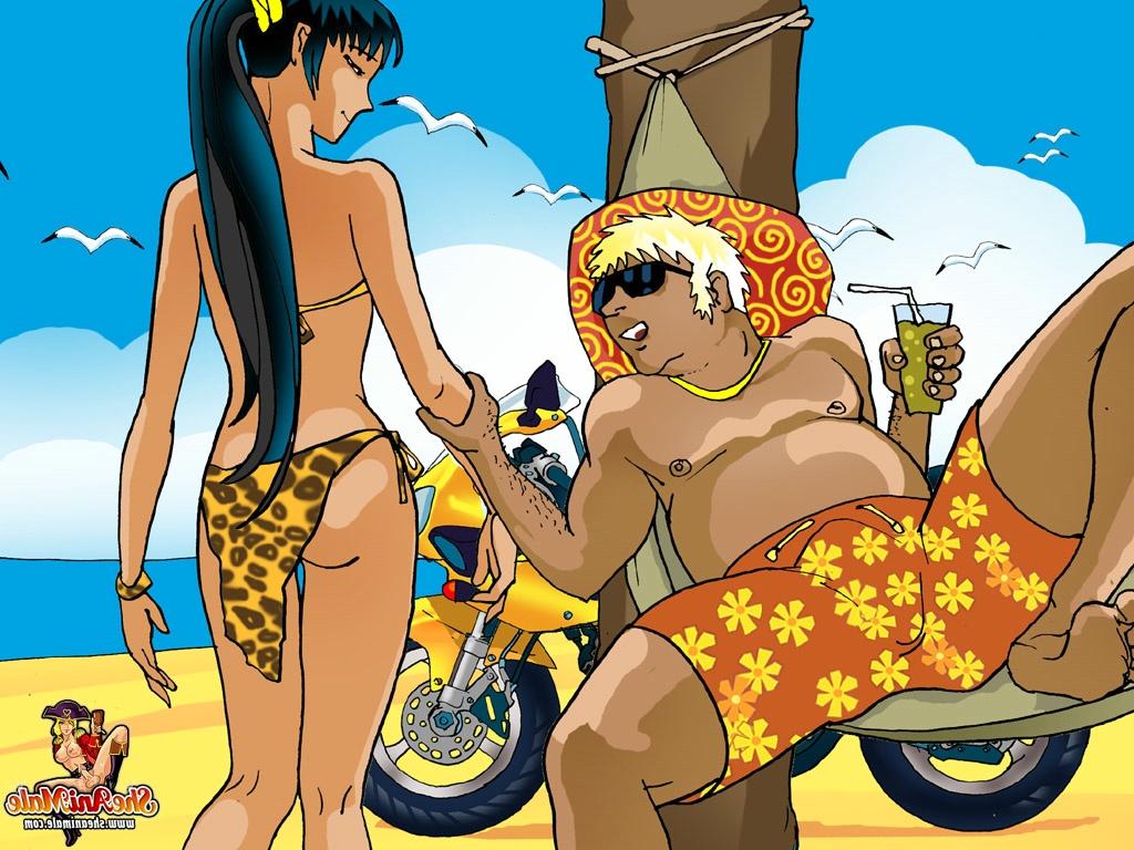12P Travesti gostosa sopra e fode a vara de um turista em uma cena de anime na praia