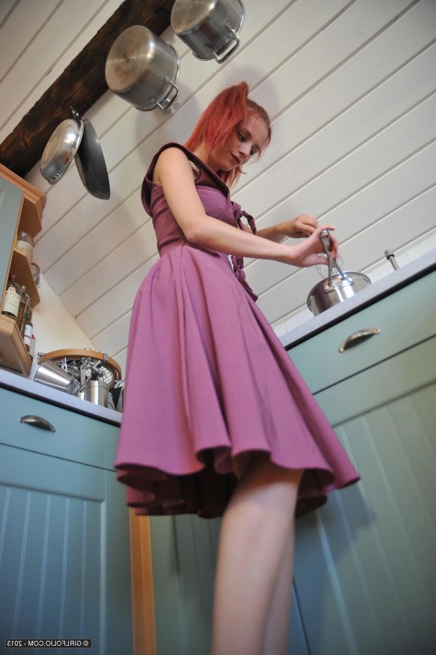 12P Beautiful redhead Ariel flashes panty upskirt at the sink & soaps her hot ass