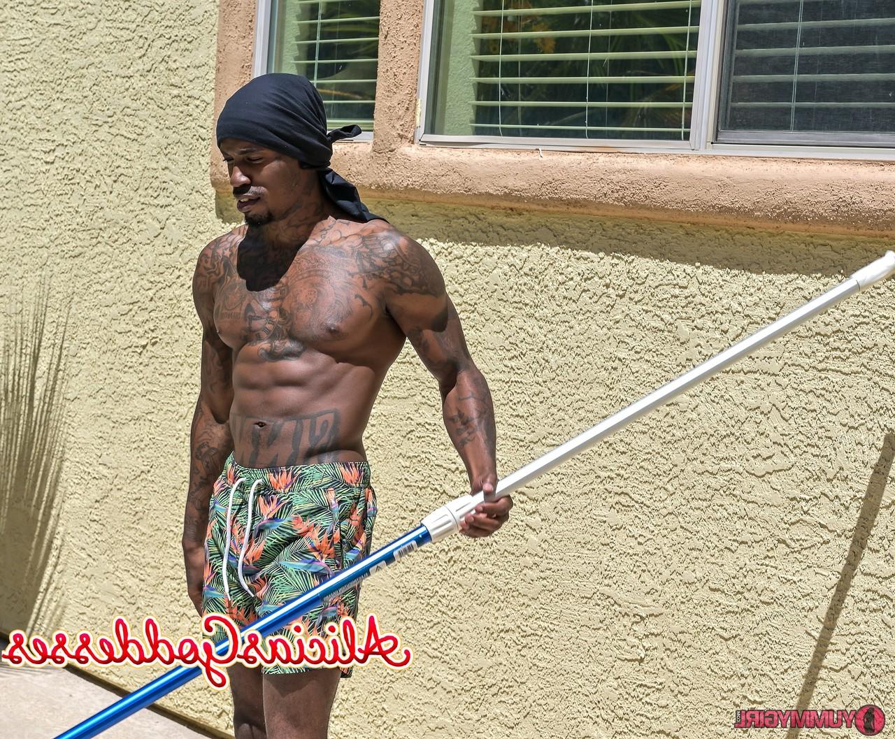 20P Tall brunette Sofie Marie blowing off a black muscular pool boy