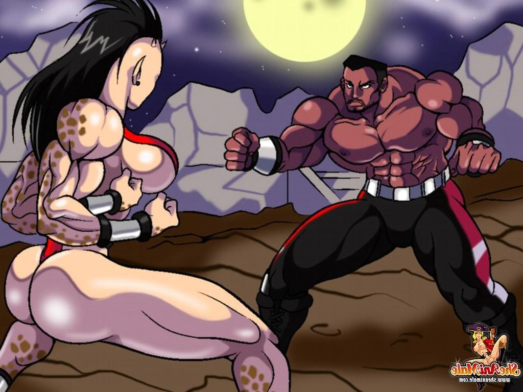 12P 筋肉のあるアニメのニューハーフが喧嘩の後に筋肉質の黒人男を殴る