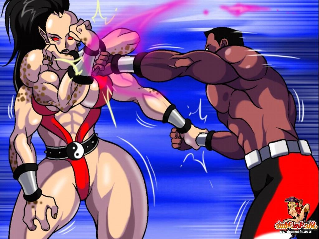 12P 筋肉のあるアニメのニューハーフが喧嘩の後に筋肉質の黒人男を殴る