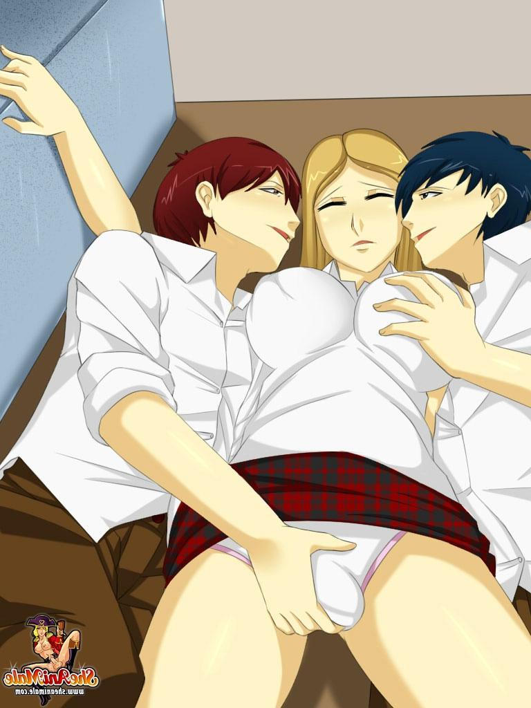 12P Anime-Shemale-Schulmädchen genießt einen Analdreier mit zwei gut bestückten Jungs