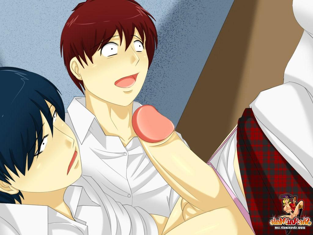 12P Anime-Shemale-Schulmädchen genießt einen Analdreier mit zwei gut bestückten Jungs