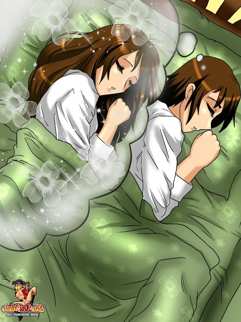 12P Busty long-haired shemale and a nerdy Hentai boy pound each other's assholes