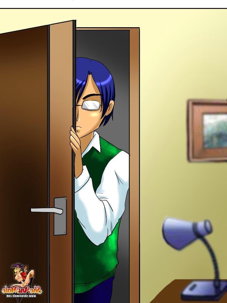 12P Busty long-haired shemale and a nerdy Hentai boy pound each other's assholes