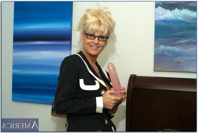 16P Mature teacher in glasses Vicki Vogue playing with a rubber cock