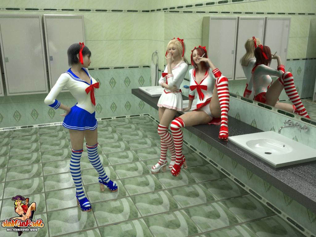 15P Drei Anime-Shemale-Schulmädchen ficken sich gegenseitig auf der öffentlichen Toilette